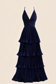 Navy Blue Pleated Empire Tiered A-line Party Dress