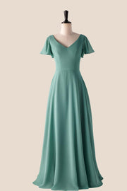 Flare Sleeves Eucalyptus Chiffon Long Bridesmaid Dress – Ohmollydress Flare Sleeves Eucalyptus Chiffon Long Bridesmaid Dress – Ohmollydress