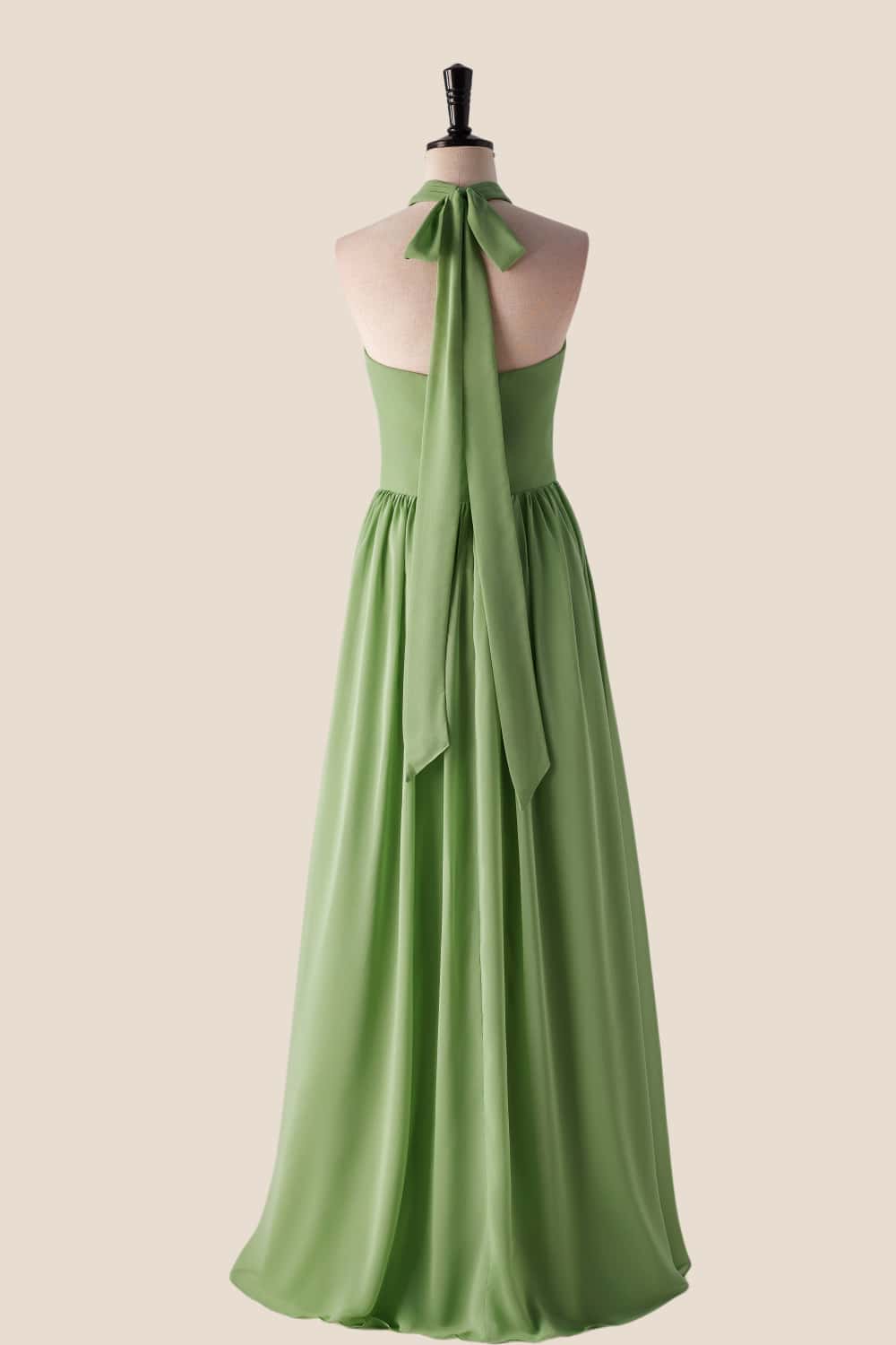 Halter V Neck Matcha Green Long Bridesmaid Dress