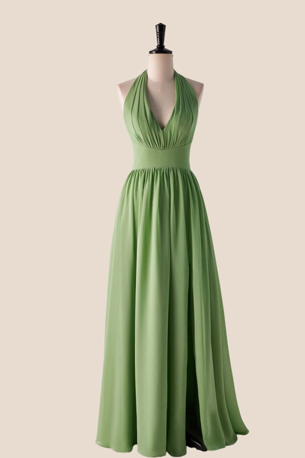 Halter V Neck Matcha Green Long Bridesmaid Dress – Ohmollydress
