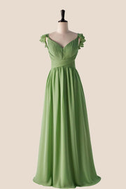 Flare Straps Matcha Green Long Bridesmaid Dress