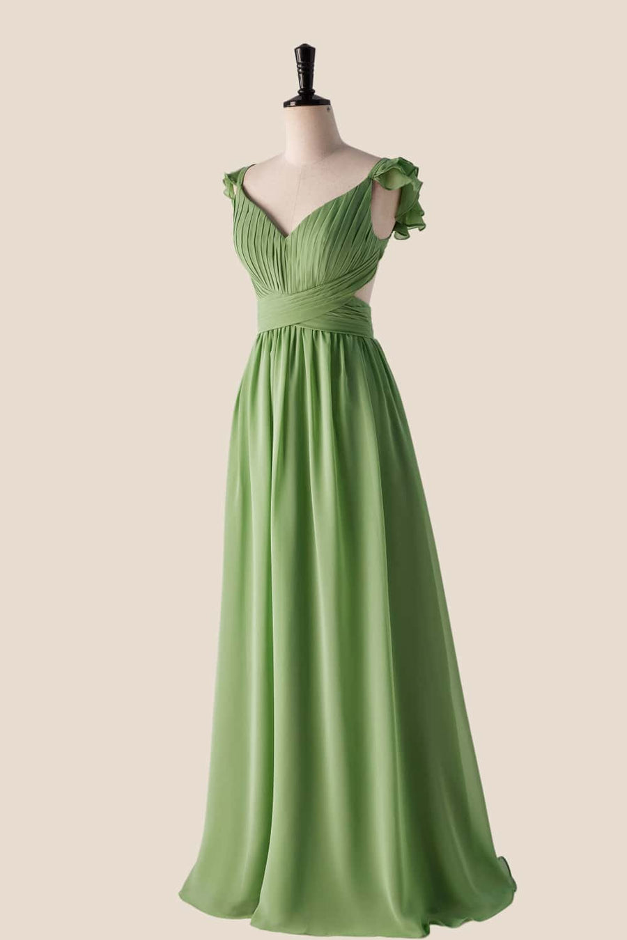Flare Straps Matcha Green Long Bridesmaid Dress
