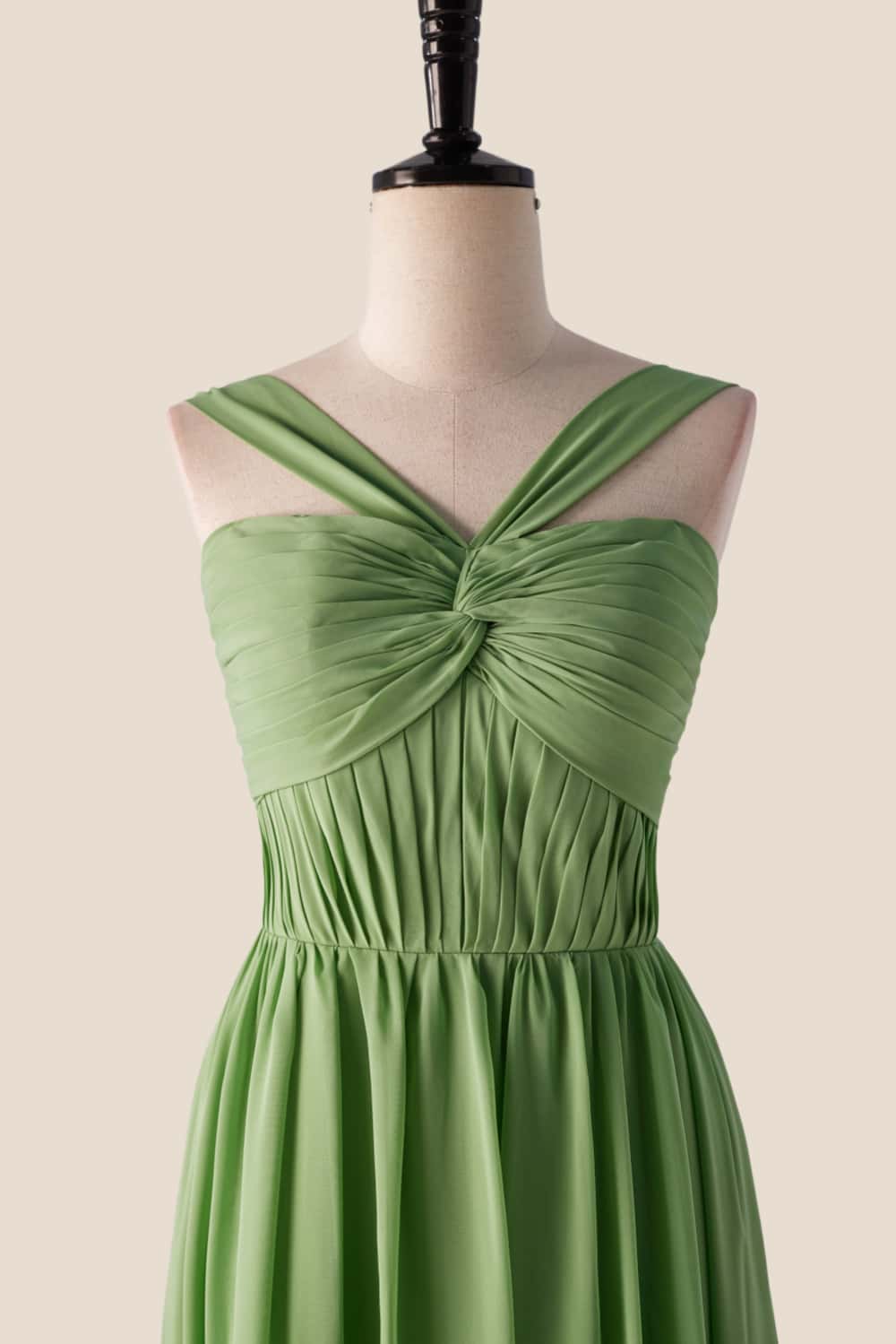 Pleated Halter Matcha Green Chiffon Long Bridesmaid Dress
