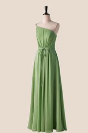 One Shoulder Matcha Green Long Bridesmaid Dress with Sash