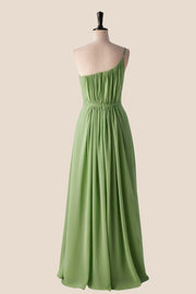 One Shoulder Matcha Green Long Bridesmaid Dress with Sash