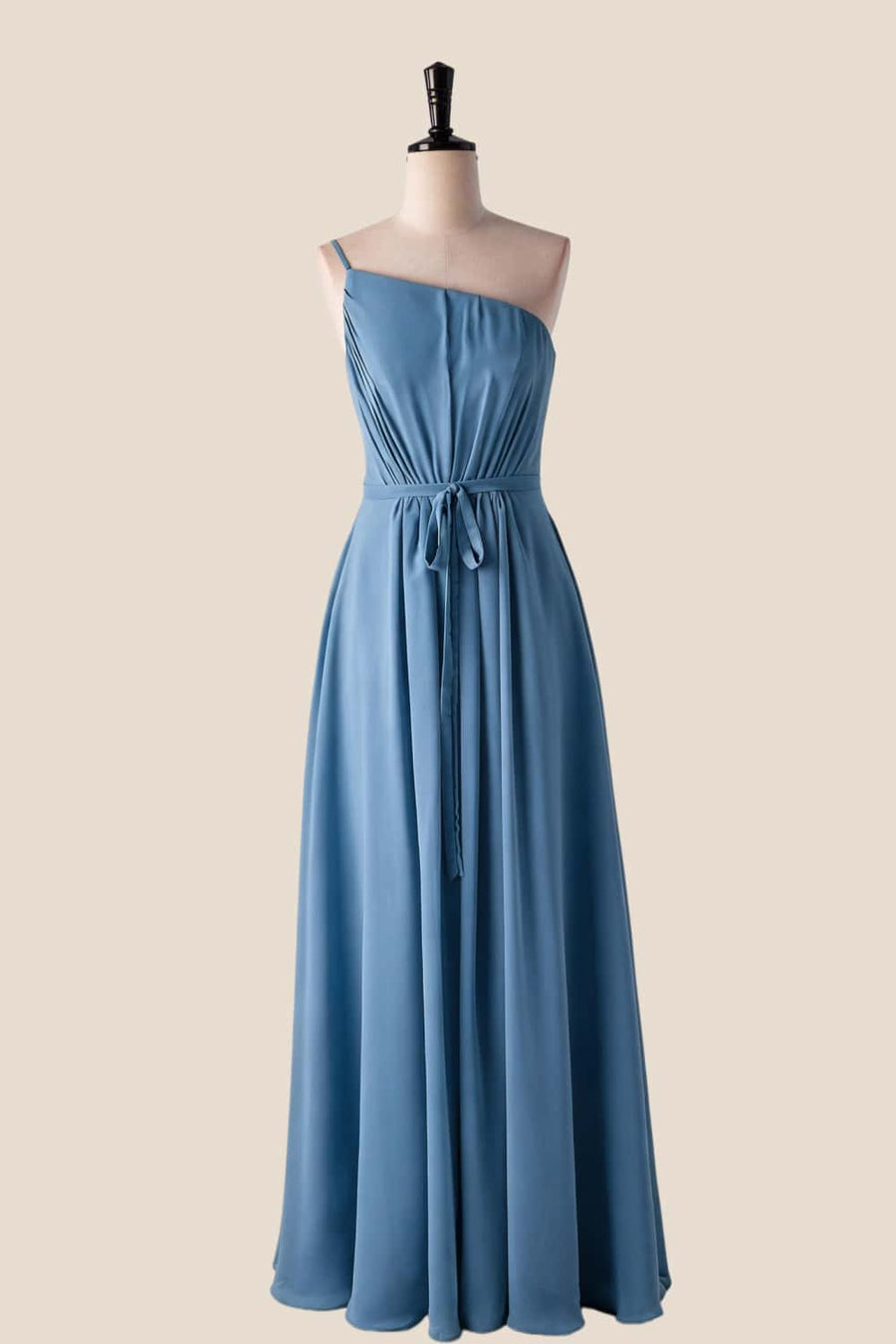One Shoulder Matcha Green Long Bridesmaid Dress with Sash