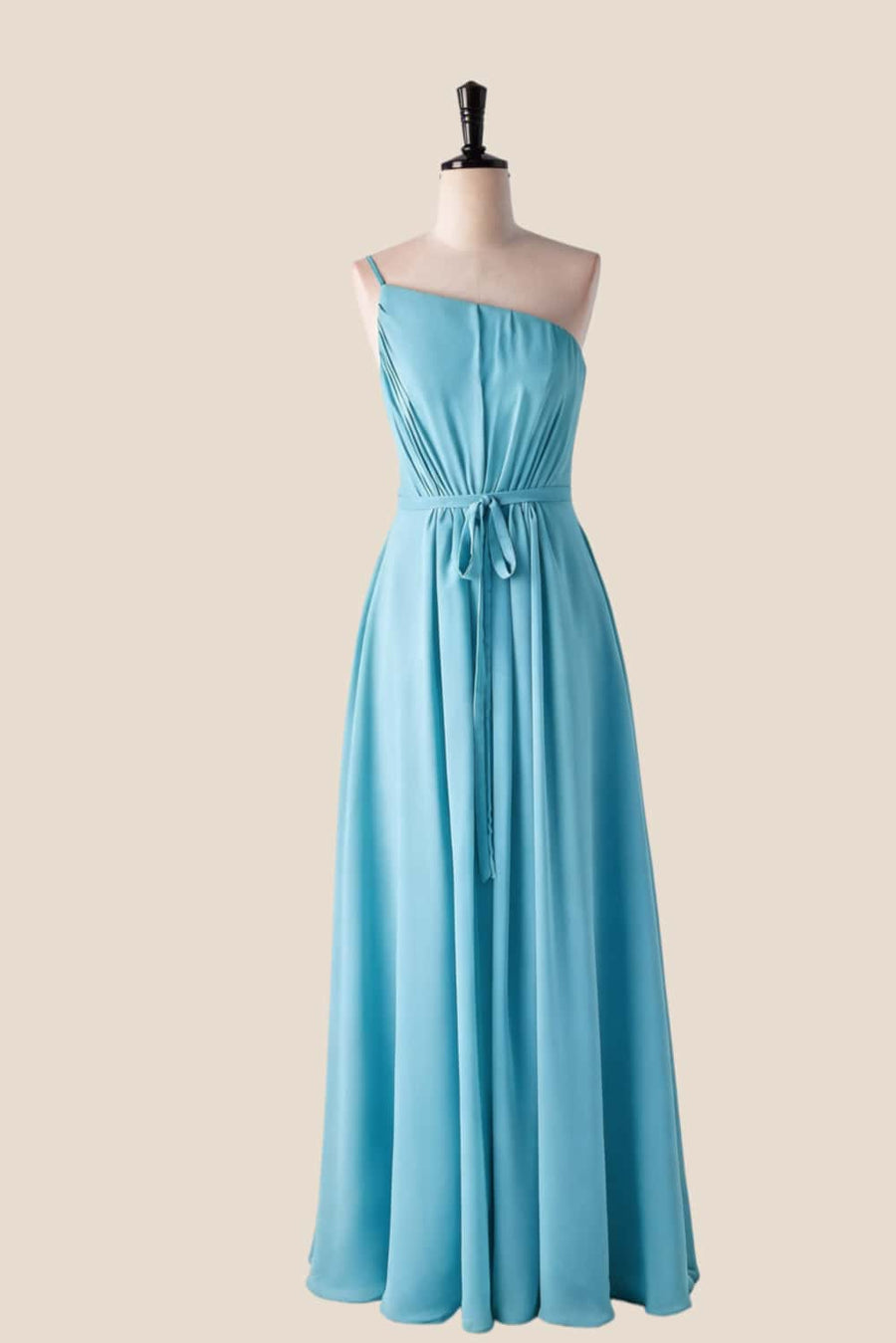 One Shoulder Matcha Green Long Bridesmaid Dress with Sash