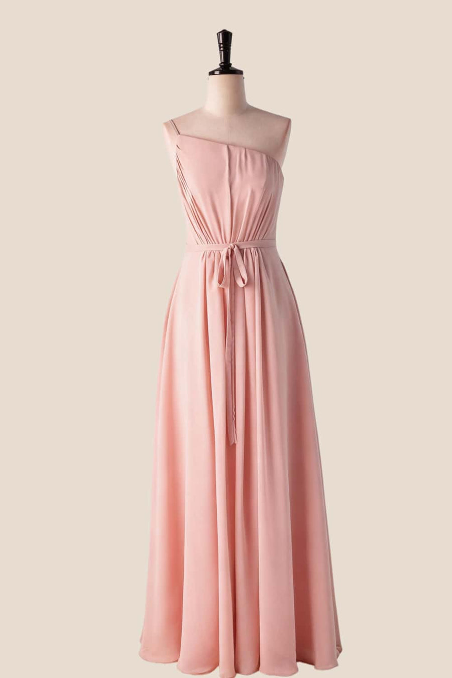 One Shoulder Matcha Green Long Bridesmaid Dress with Sash