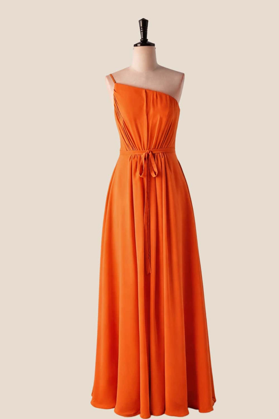 One Shoulder Matcha Green Long Bridesmaid Dress with Sash