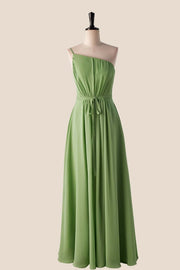 One Shoulder Matcha Green Long Bridesmaid Dress with Sash