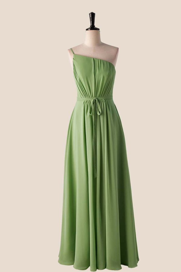 One Shoulder Matcha Green Long Bridesmaid Dress with Sash  Ohmollydress
