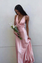 Twist V-neck Light Blue Open Back Sheath Long Dress