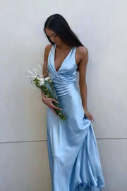Twist V-neck Light Blue Open Back Sheath Long Dress