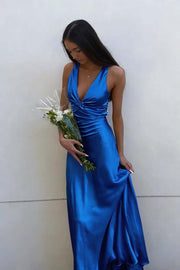 Twist V-neck Light Blue Open Back Sheath Long Dress