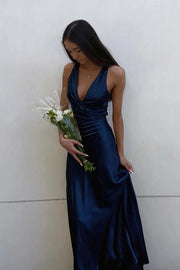 Twist V-neck Light Blue Open Back Sheath Long Dress
