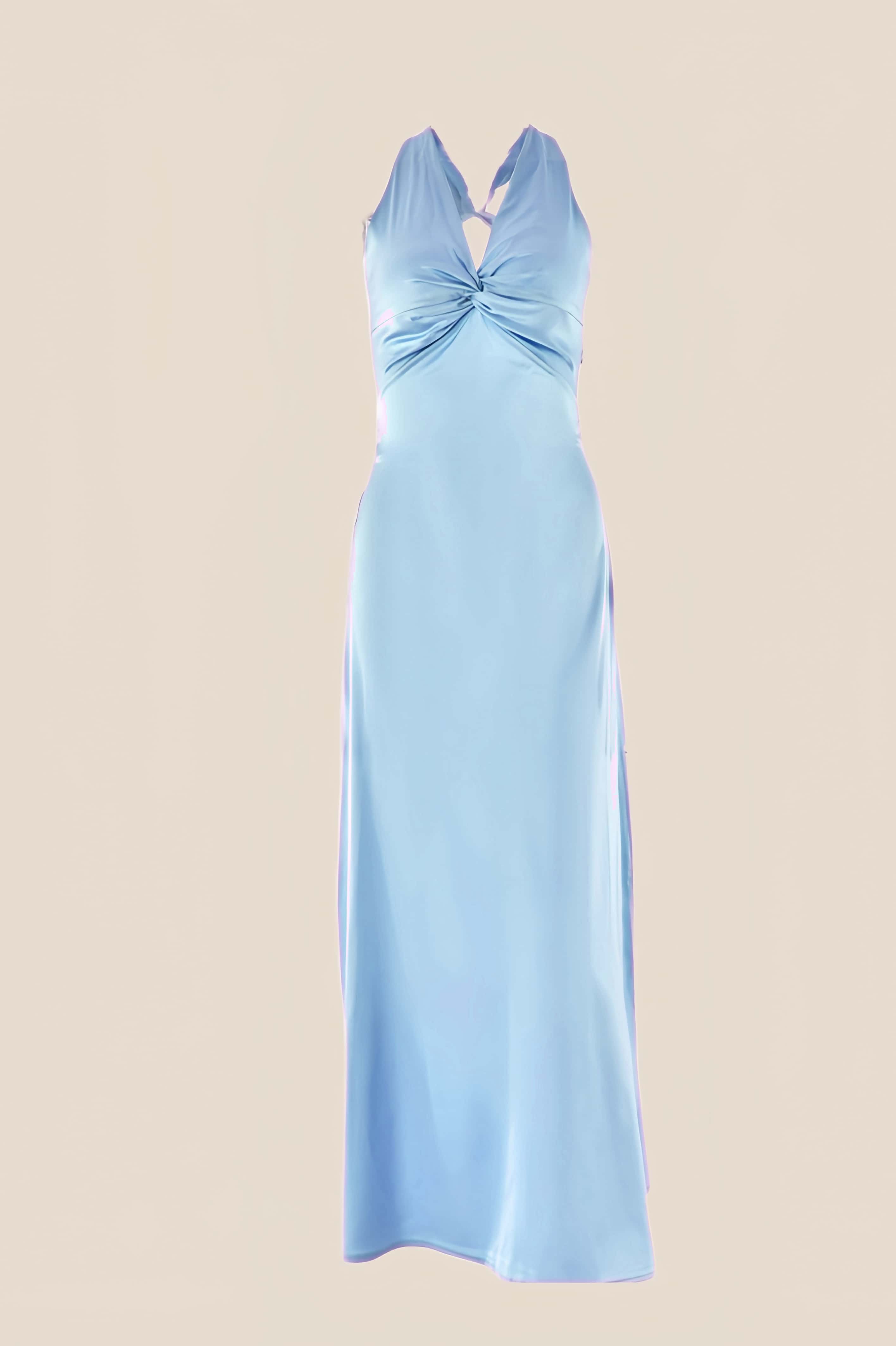 Twist V-neck Blue Open Back Sheath Long Dress