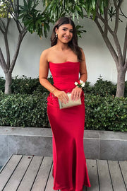 Strapless Red Ruched Mermaid Long Dress