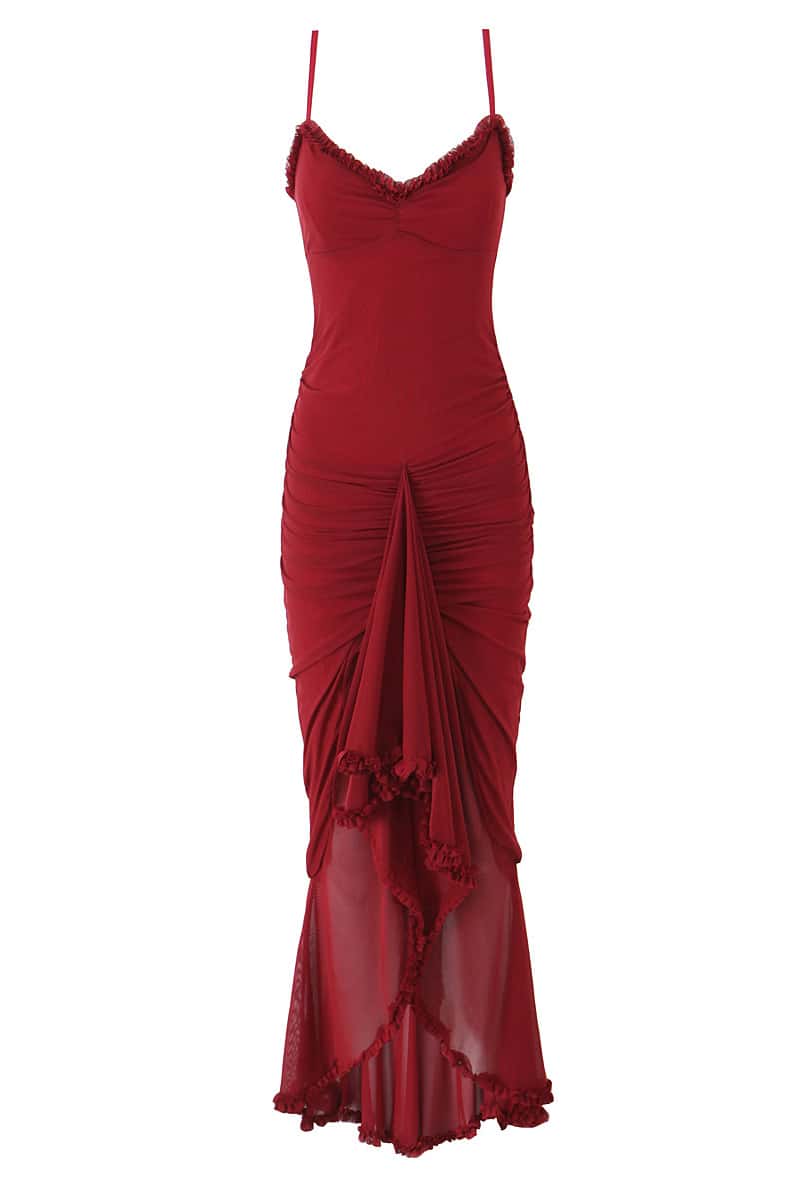 Straps Yellow Ruffled Front Irregular Long Dress