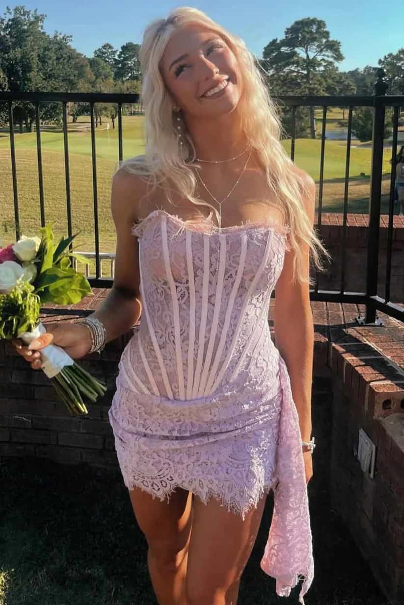 Light Purple Tight Lace Short Dress with Train