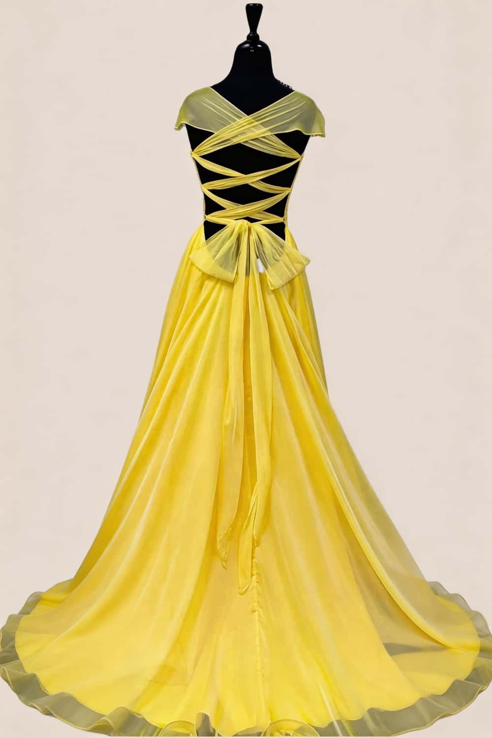 Plunge Neck Yellow Ruched Long Dress with Slit