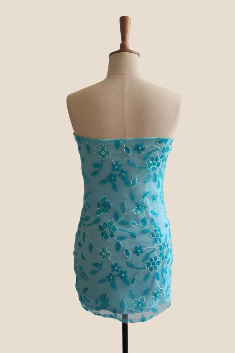 Strapless Blue Beaded Flowers Tight Short Dress