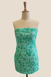 Strapless Blue Beaded Flowers Tight Short Dress
