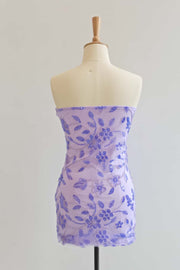 Strapless Blue Beaded Flowers Tight Short Dress