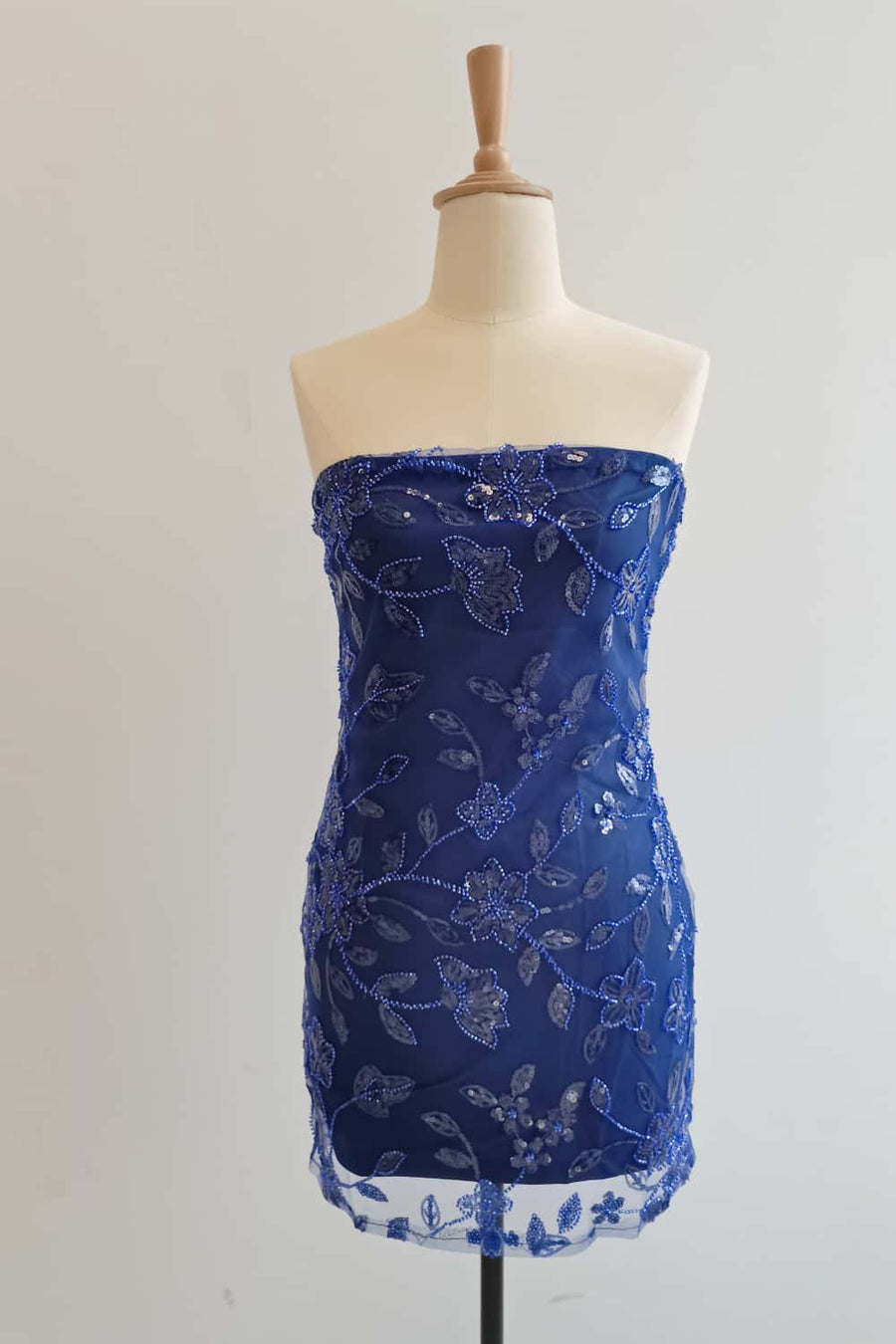 Strapless Blue Beaded Flowers Tight Short Dress
