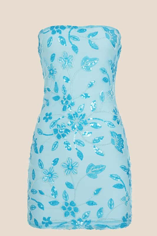 Strapless Blue Beaded Flowers Tight Short Dress