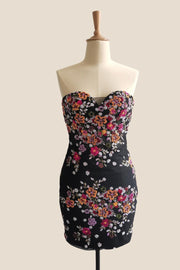 Strapless Black Floral Sequin Tight Short Party Dress