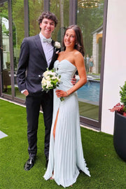 Strapless Hot Pink Ruched Long Dress with Slit