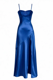 Straps Aqua Satin Slit Long Dress