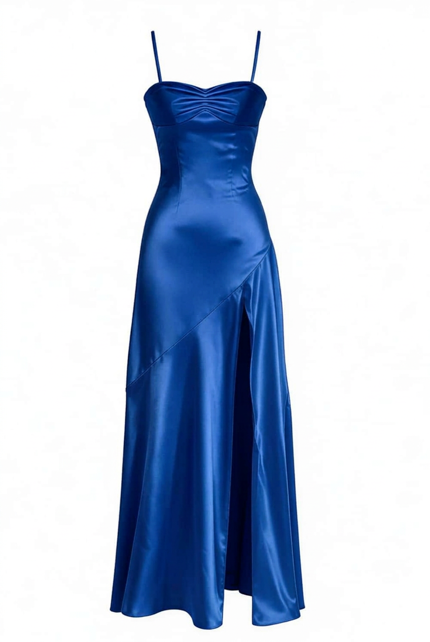 Straps Aqua Satin Slit Long Dress
