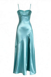Straps Aqua Satin Slit Long Dress