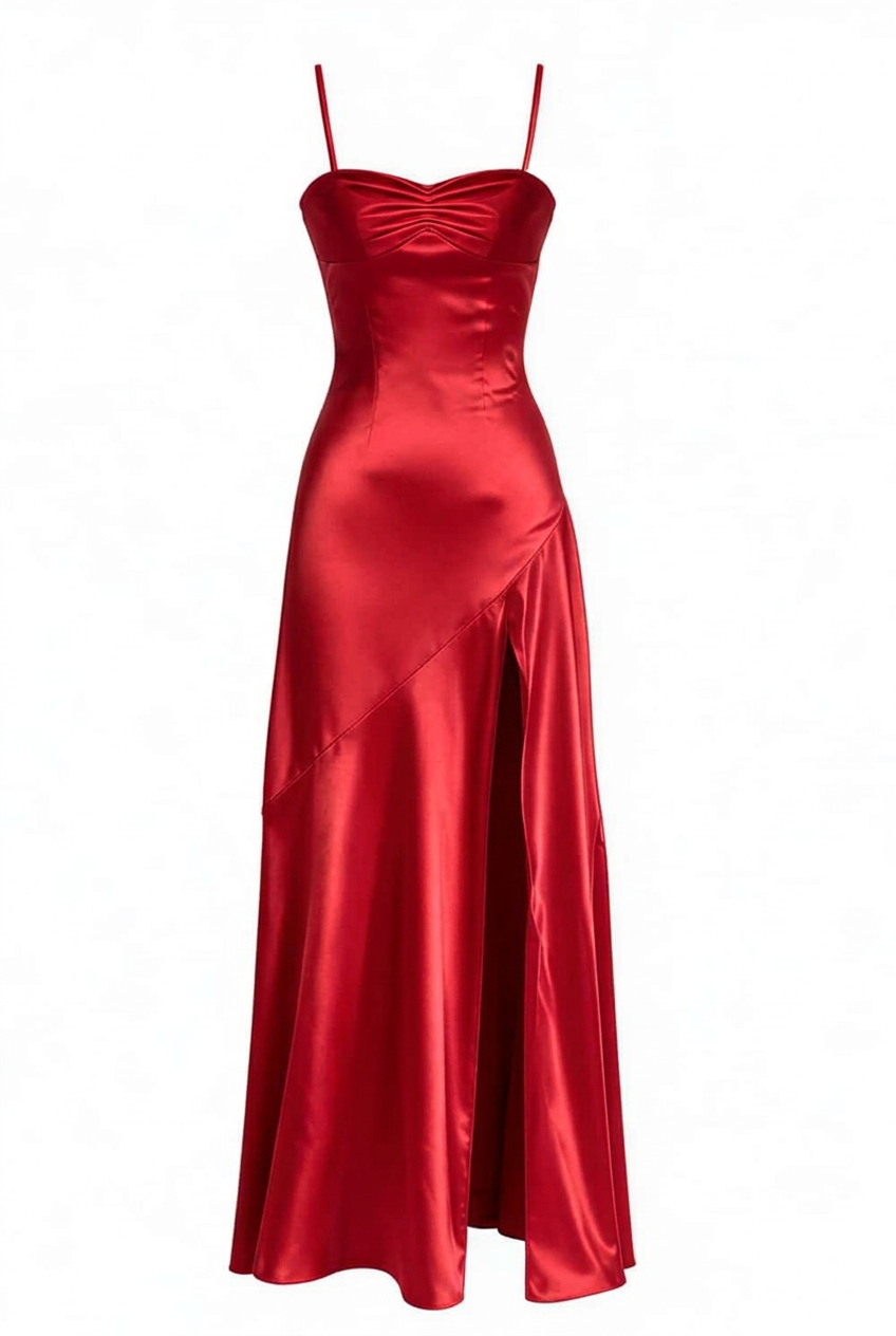 Straps Aqua Satin Slit Long Dress