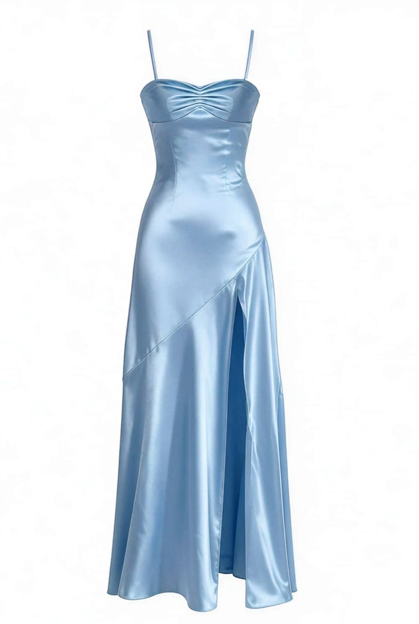 Straps Aqua Satin Slit Long Dress