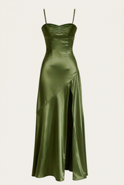Straps Aqua Satin Slit Long Dress