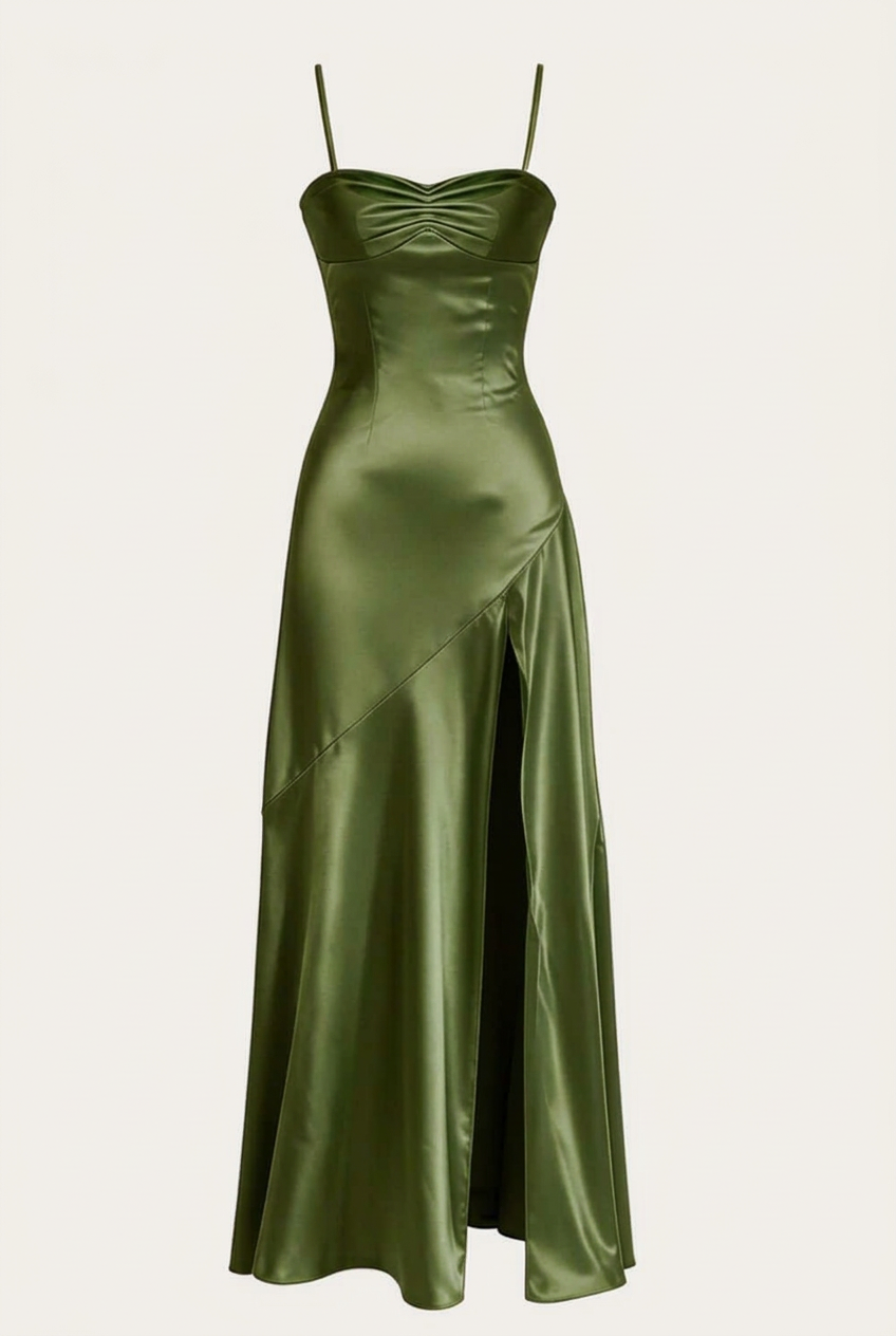 Straps Aqua Satin Slit Long Dress