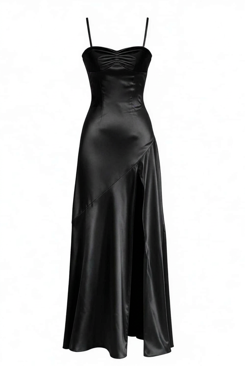 Straps Aqua Satin Slit Long Dress