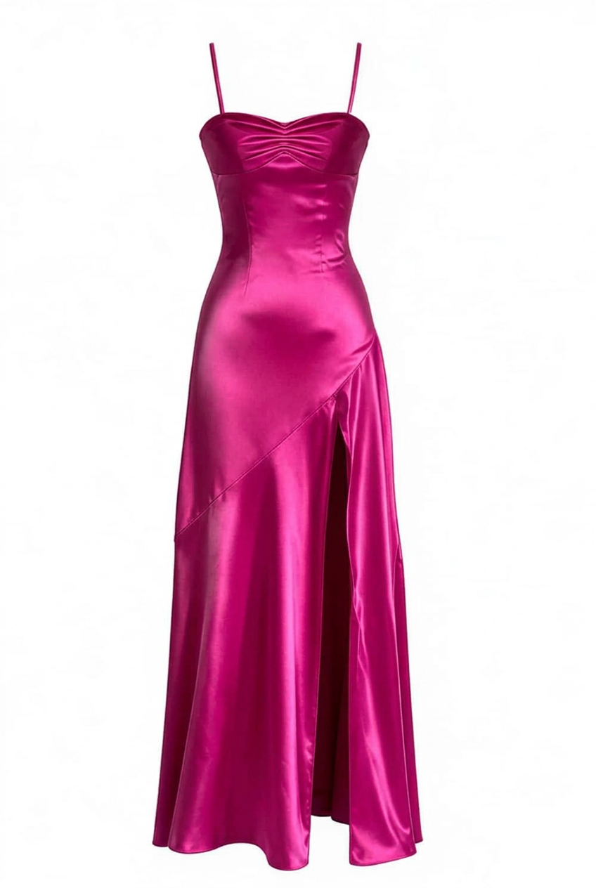 Straps Aqua Satin Slit Long Dress