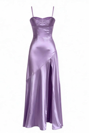 Straps Aqua Satin Slit Long Dress