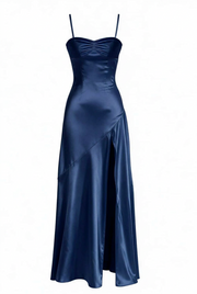 Straps Aqua Satin Slit Long Dress