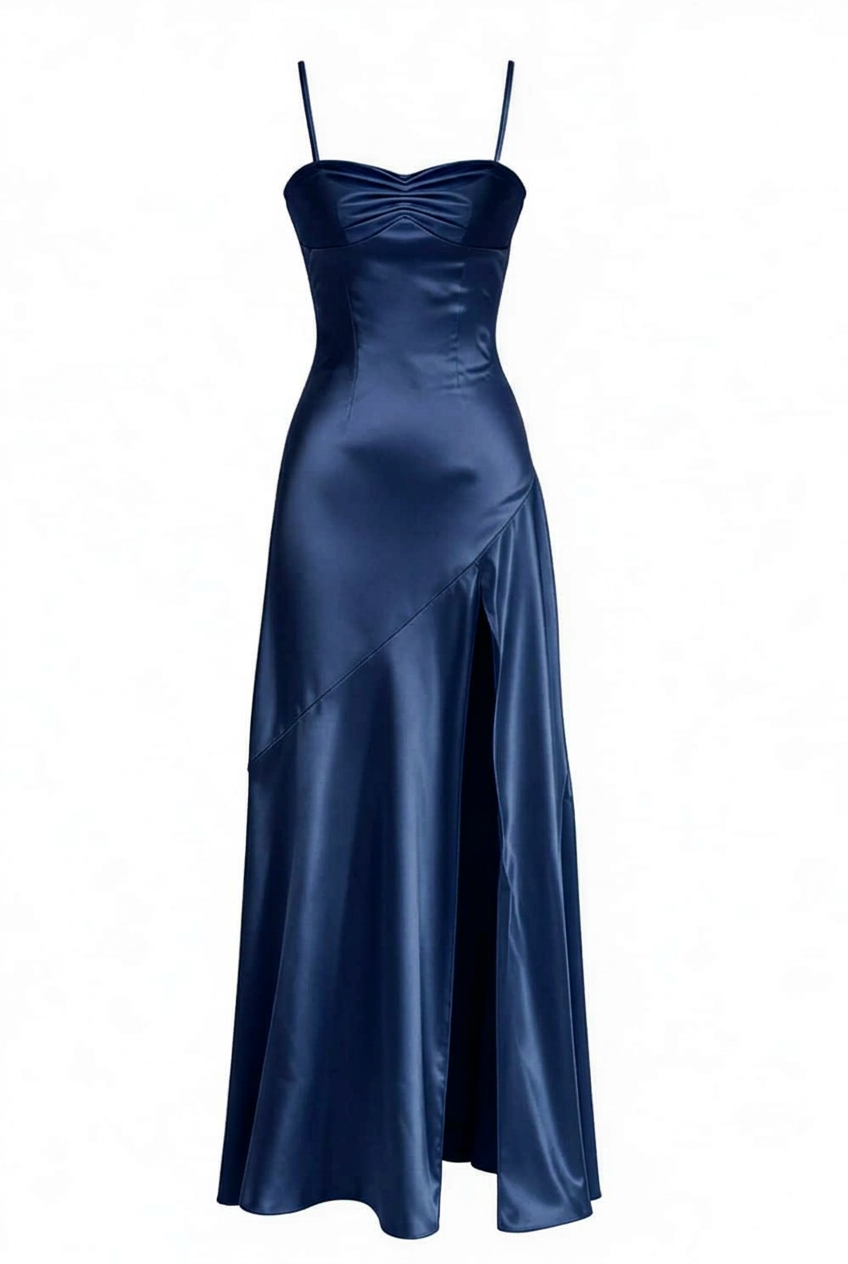 Straps Aqua Satin Slit Long Dress