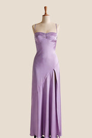 Aqua Satin Straps Slit Long Dress