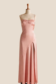 Aqua Satin Straps Slit Long Dress