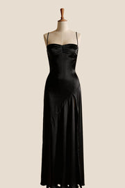Aqua Satin Straps Slit Long Dress
