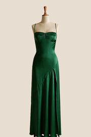 Aqua Satin Straps Slit Long Dress