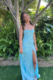 Spaghetti Straps Aqua Long Dress with Slit