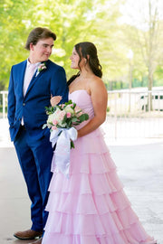 Straps Blue Chiffon Ruffle A-line Prom Dress