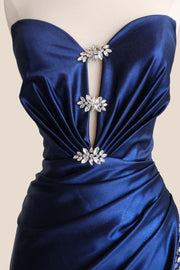 Plunge Navy Blue Ruched Slit Long Formal Dress